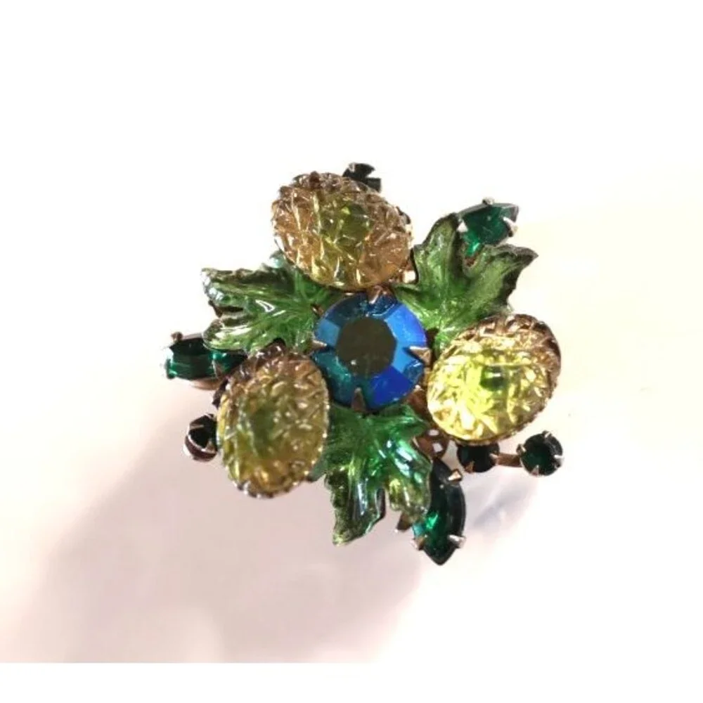 Vintage Fruit Salad Green Molded Glass Brooch Lapel Pin Blue Aurora Borealis